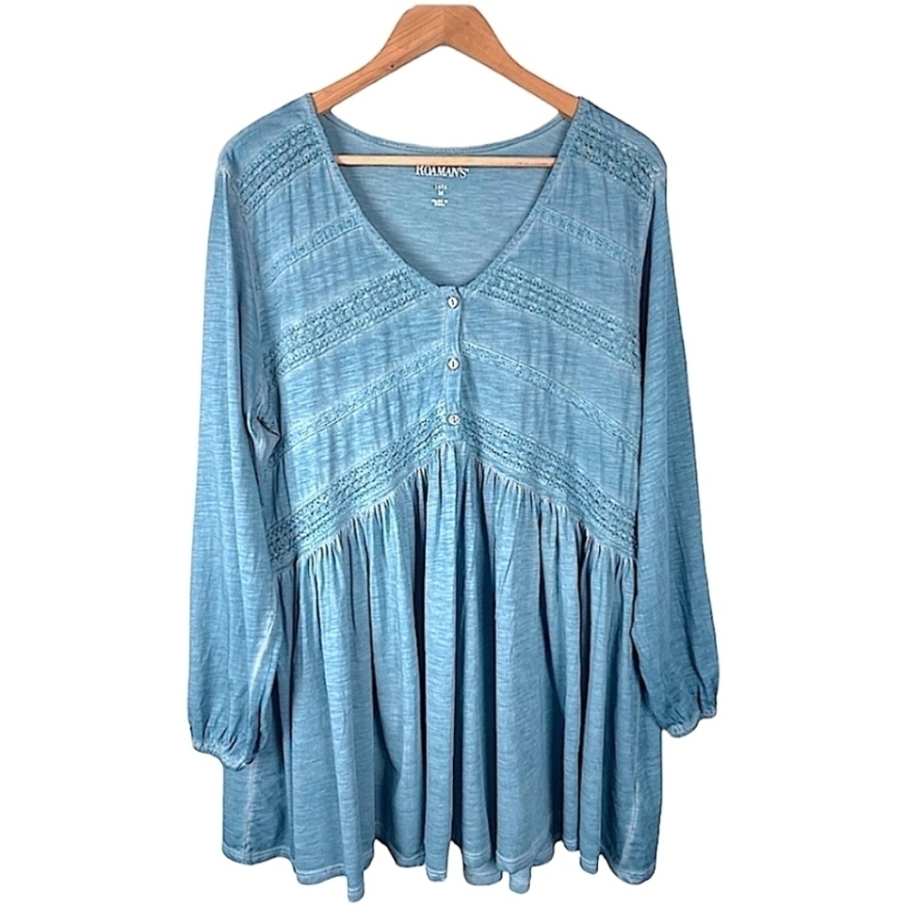 Roaman's Cotton V-Neck Flounce Hem Tunic Top Size 14/16 Shirring Pintucked